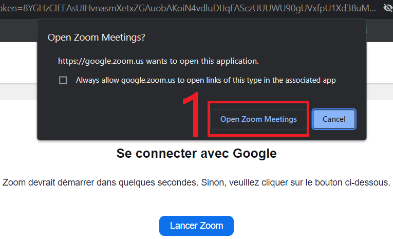 Image montrant le message du navigateur demandant à l'utilisateur s'il souhaite ouvrir Zoom Meetings.
