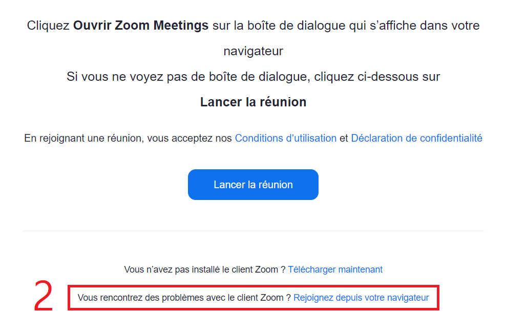 Image montrant le lien pour ouvrir Zoom dans le navigateur si l'ouverture de l'application de bureau n'est pas disponible.