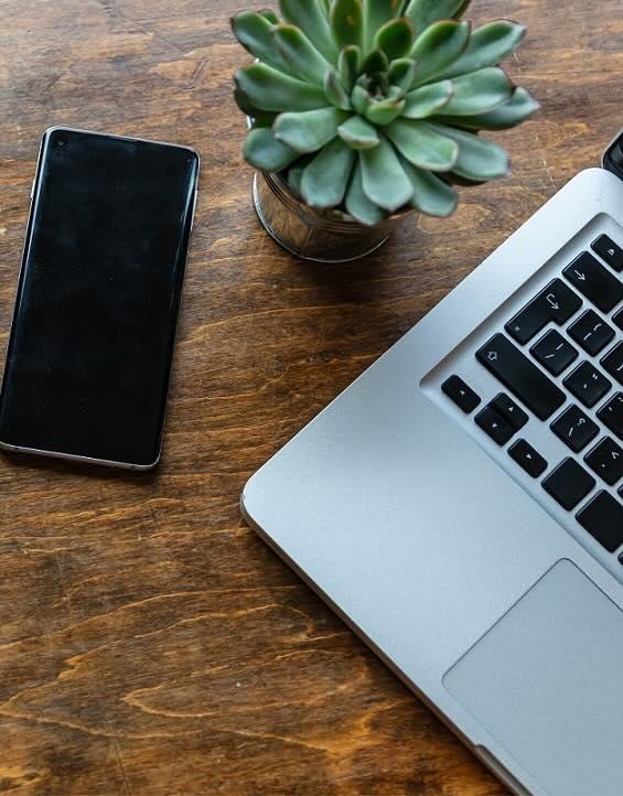 Desk made of wood with a laptop, a phone, and a plant on top of it, viewed from above